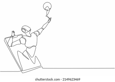 Single one line drawing robot come out from cellular phone and doing smash volleyball. Future technology development. Artificial intelligence, machine learning process. Continuous line design vector