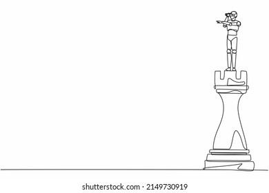 Single one line drawing robot on top of big rook chess piece using monocular. Future technology development. Artificial intelligence and machine learning process. Continuous line design graphic vector