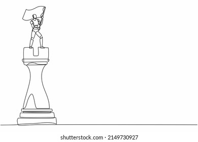 Single one line drawing robot standing on top of big rook chess and waving flag. Future technology development. Artificial intelligence machine learning process. Continuous line design graphic vector
