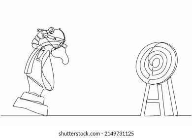 Single one line drawing robot holding archery aiming target while riding chess knight horse. Future technology. Artificial intelligence machine learning process. Continuous line graphic design vector