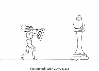 Single one line drawing robot holding pawn chess piece to beat king chess. Future technology development. Artificial intelligence machine learning process. Continuous line draw design graphic vector