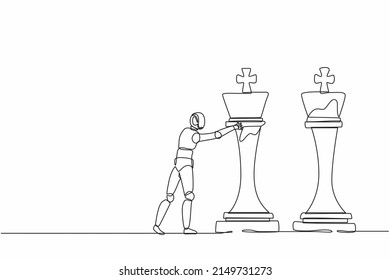 Single one line drawing robot push huge king chess piece to take down the other king. Future technology. Artificial intelligence machine learning process. Continuous line draw design graphic vector