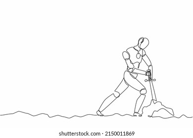 Single one line drawing robot tries to draw stuck excalibur sword from stone. Future technology. Artificial intelligence machine learning process. Continuous line design graphic vector illustration
