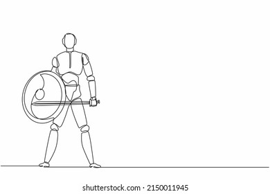 Single one line drawing robot standing holding sword and shield. Future technology development. Artificial intelligence and machine learning process. Continuous line design graphic vector illustration