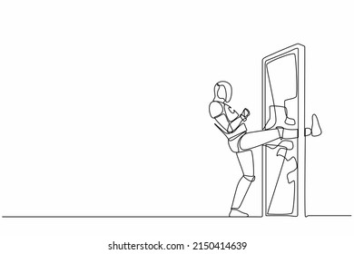 Single one line drawing robot kicking locked door and destroy. Future technology development. Artificial intelligence machine learning process. Continuous line draw design graphic vector illustration