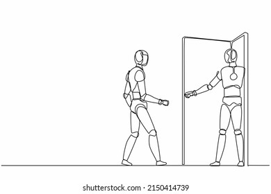 Single one line drawing robot is inviting his friend to get into his office. Future technology. Artificial intelligence and machine learning process. Continuous line design graphic vector illustration