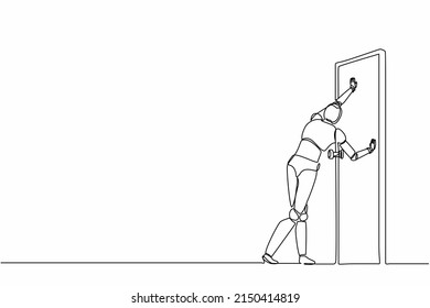 Single one line drawing robot standing and pushing closed door. Future technology development. Artificial intelligence and machine learning process. Continuous line design graphic vector illustration