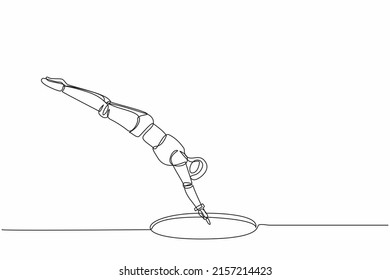 Robot de dibujo de una sola línea salta al agujero. Desarrollo tecnológico futuro. Inteligencia artificial y procesos de aprendizaje automático. Ilustración de líneas continuas moderna de diseño gráfico vectorial