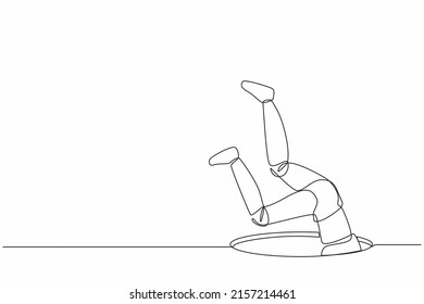 Single one line drawing robot falling into pit hole. Protruding legs from the hatch. Future technology. Artificial intelligence and machine learning. Continuous line draw design vector illustration