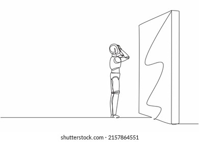 Robot de dibujo de una sola línea de pie y confundido frente a enormes barreras de pared de ladrillo. Tecnología futura. Aprendizaje artificial de máquinas de inteligencia. Ilustración vectorial de dibujo de línea continua