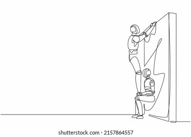 Single one line drawing robot helping to lift another robot over brick wall. Help, assistance. Future technology. Artificial intelligence machine learning. Continuous line design vector illustration