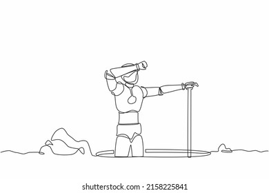 Single one line drawing robot wipes sweat on his forehead while digging hole. Future technology development. Artificial intelligence machine learning. Continuous line draw design vector illustration