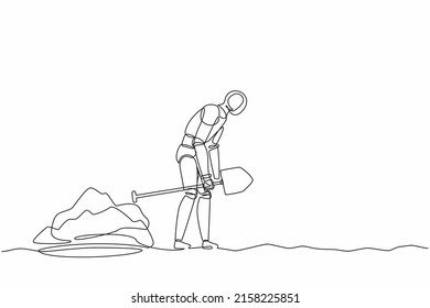 Single one line drawing robot walking unsteadily leaving hole dug dragging shovel. Future technology. Artificial intelligence and machine learning. Continuous line design graphic vector illustration