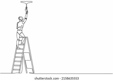 Un robot de dibujo de una sola línea que trabaja con un electricista en la bombilla de cambio de escalera. Desarrollo tecnológico futuro. Aprendizaje artificial de máquinas de inteligencia. Ilustración vectorial de dibujo de línea continua