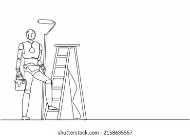 Single one line drawing robot painter standing with painting roller, with bucket and ladder. Future technology. Artificial intelligence and machine learning. Continuous line design vector illustration