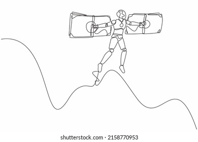 Robot de dibujo de una sola línea que vuela sobre alas de dinero. Libertad financiera. Desarrollo tecnológico futuro. Inteligencia artificial y aprendizaje automático. Ilustración vectorial de diseño de línea continua