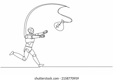 Single one line drawing robot chasing bag of money. Foolishness, stupidity. Future technology development. Artificial intelligence and machine learning. Continuous line draw design vector illustration