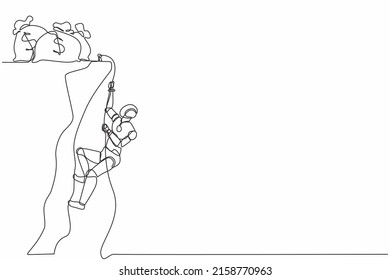 Single one line drawing robot doing rope climbing towards money bag. Future technology development. Artificial intelligence and machine learning processes. Continuous line draw design graphic vector