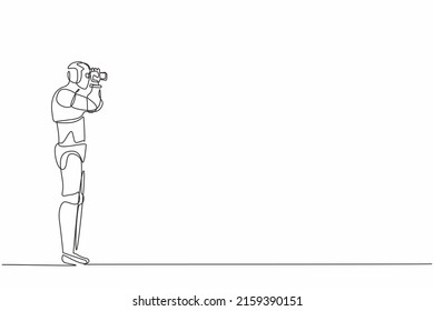 Single one line drawing robot looking opportunities with binoculars in hand. Future technology development. Artificial intelligence machine learning. Continuous line draw design vector illustration