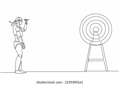 Single one line drawing robot using blindfold and hit darts target. Future technology development. Artificial intelligence and machine learning. Continuous line draw design graphic vector illustration