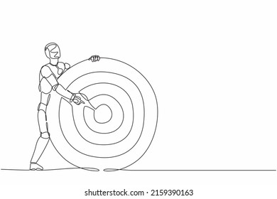 Single one line drawing robot holding archer target or dartboard and pointing at bullseye. Future technology. Artificial intelligence and machine learning. Continuous line design vector illustration