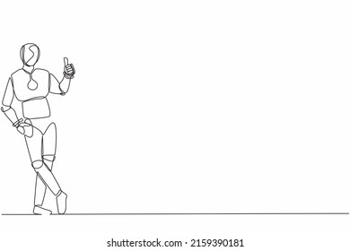 Single one line drawing robot standing or leaning with thumbs up gesture. Future technology development. Artificial intelligence and machine learning. Continuous line draw design vector illustration