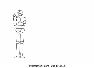 Single one line drawing robot showing palm as stop sign, stay, hold or rejection gesture. Future technology. Artificial intelligence machine learning. Continuous line draw design vector illustration