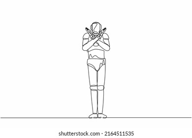 Single one line drawing robot crossing arms and saying no gesture. Robot making X shape, stop sign with hands. Future technology development. Continuous line draw design graphic vector illustration