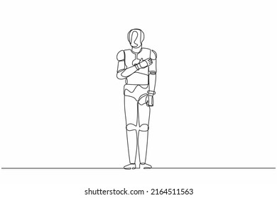 Single one line drawing robot keeping hands on chest. Smiling friendly robot expressing gratitude. Artificial intelligence and machine learning processes. Continuous line design vector illustration