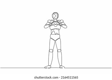 Single one line drawing robot making or gesturing heart symbol with fingers in front of chest. Future technology. Artificial intelligence machine learning. Continuous line design vector illustration