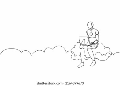 Single one line drawing robot sitting on cloud in sky and working with laptop. Future technology development. Artificial intelligence machine learning. Continuous line draw design graphic illustration