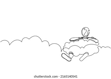 Single one line drawing robot hang in the clouds. Hoping for success. Future technology development. Artificial intelligence and machine learning. Continuous line design graphic vector illustration