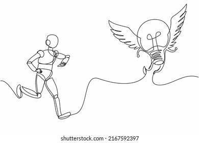 Single one line drawing robot chasing flying light bulb. Searching creativity, new invention. Future technology development. Artificial intelligence. Continuous line graphic design vector illustration