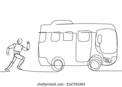 Single one line drawing robot run chasing bus. Tech system analysis in public transportation. Future technology development. Artificial intelligence. Continuous line graphic design vector illustration