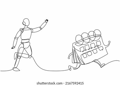 Robot de dibujo de una sola línea persiguiendo el calendario. Optimización de la gestión del tiempo. Desarrollo tecnológico futuro. Aprendizaje artificial de máquinas de inteligencia. Ilustración vectorial de dibujo de línea continua