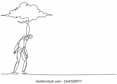 Single one line drawing robot walking under rain cloud. Loneliness in overcast weather. Future technology development. Artificial intelligence. Continuous line draw design graphic vector illustration