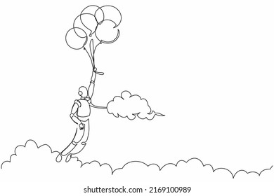 Single one line drawing robot flying with balloon through cloud. Reaches goal, target, find solution. Future technology development. Artificial intelligence. Continuous line design vector illustration