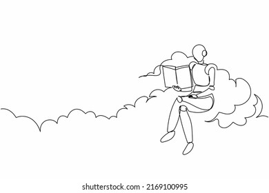 Single one line drawing robot sitting on cloud reading book. Study literature. Future technology development. Artificial intelligence machine learning. Continuous line draw design vector illustration