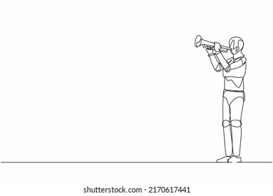 Single one line drawing robot playing trumpet at jazz music orchestra. Future technology development. Artificial intelligence and machine learning processes. Continuous line design vector illustration
