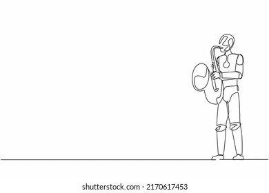 Single one line drawing robot saxophonist perform in festival jazz music. Future technology development. Artificial intelligence and machine learning. Continuous line draw design vector illustration