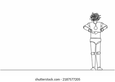 Single one line drawing robot with round scribbles instead of head, standing and showing thumbs down sign. Disagreement, dislike. Humanoid robot cybernetic. Continuous line design vector illustration