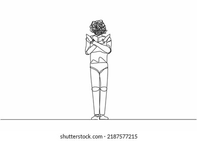 Single one line drawing robot with round scribbles instead of head, standing with crossed arms. Rejection sign. Saying no. Humanoid cybernetic organism. Continuous line draw design vector illustration
