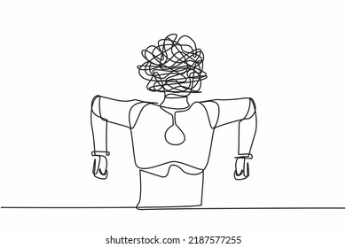 Single One Line Drawing Robot With Round Scribble Instead Of Head. Angry Robot. Emotional In Rage. Feeling Anger. Future Technology Development. Continuous Line Draw Design Graphic Vector Illustration