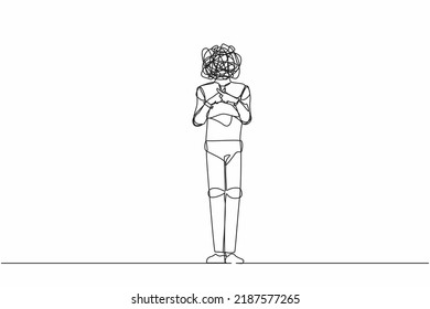 Single one line drawing robot with round scribbles instead of head, standing with crossing fingers forming x. Banned. Say no. Humanoid robot cybernetic. Continuous line draw design vector illustration