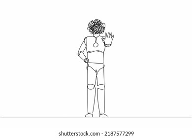Single one line drawing robot with round scribbles instead of head, standing and rejecting something with stop hand gesture. Humanoid robot cybernetic. Continuous line draw design vector illustration