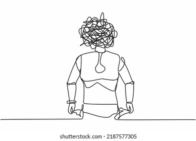 Single one line drawing robot with round scribbles instead of head. Robot with pockets turned outward, having no money. Future technology development. Continuous line draw design vector illustration