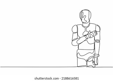 Single one line drawing robot standing with keeping hands on chest. Friendly robot expressing gratitude. Future technology. Artificial intelligence. Continuous line design vector graphic illustration