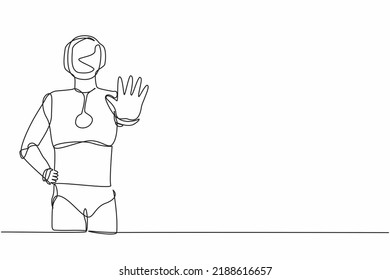 Single one line drawing robot standing with palm as stop signal, stay, hold, rejection gesture. Future technology development. Artificial intelligence. Continuous line draw design vector illustration