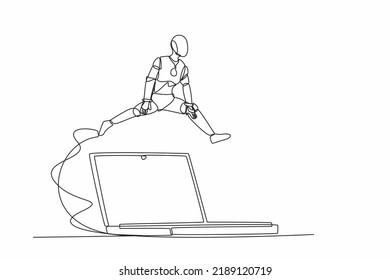 Single one line drawing robot jumping over big laptop computer. Office system information technology digital. Future technology artificial intelligence. Continuous line draw design vector illustration