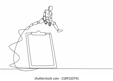 Single one line drawing robot jumping over big clipboard. Checklist survey application paper sheets document. Future technology development. Modern continuous line design graphic vector illustration